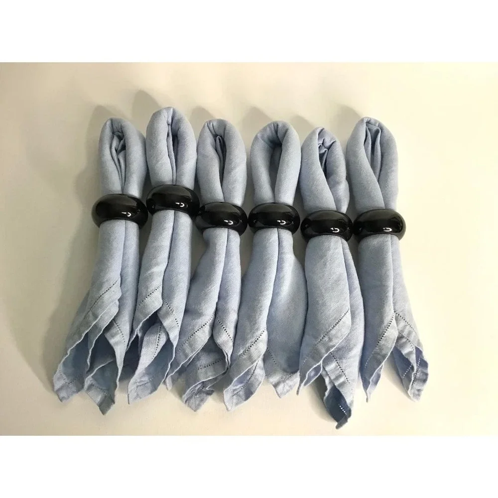 Vtg Light Blue Hemstitch Linen Napkins with Glossy Black Resin Napkin Rings (6)